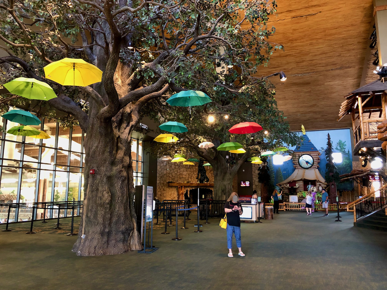 Inside the Great Wolf Lodge, decorations blend together with interactive activities to create a fun-filled environment topped off by a huge indoor water park visible through the lobby window.